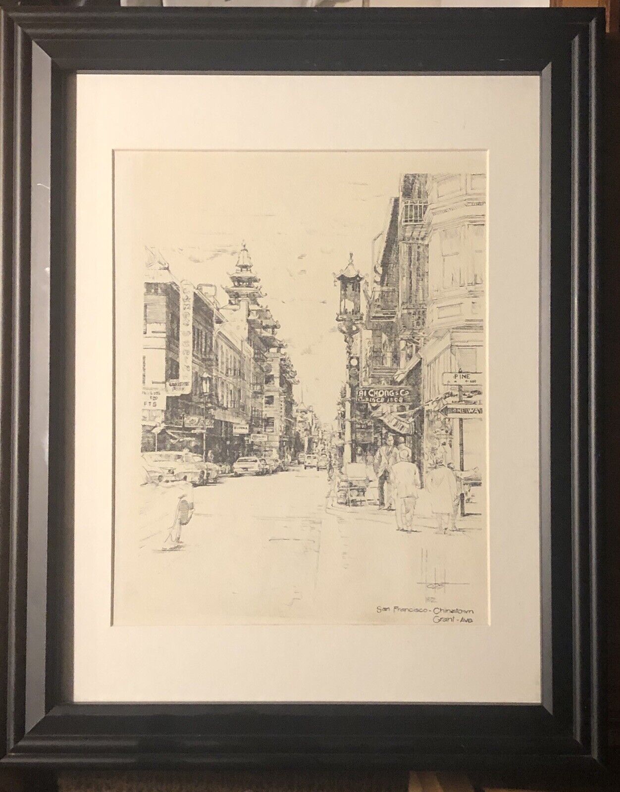 Etching Signed 1972 San Francisco Chinatown. Grant Ave