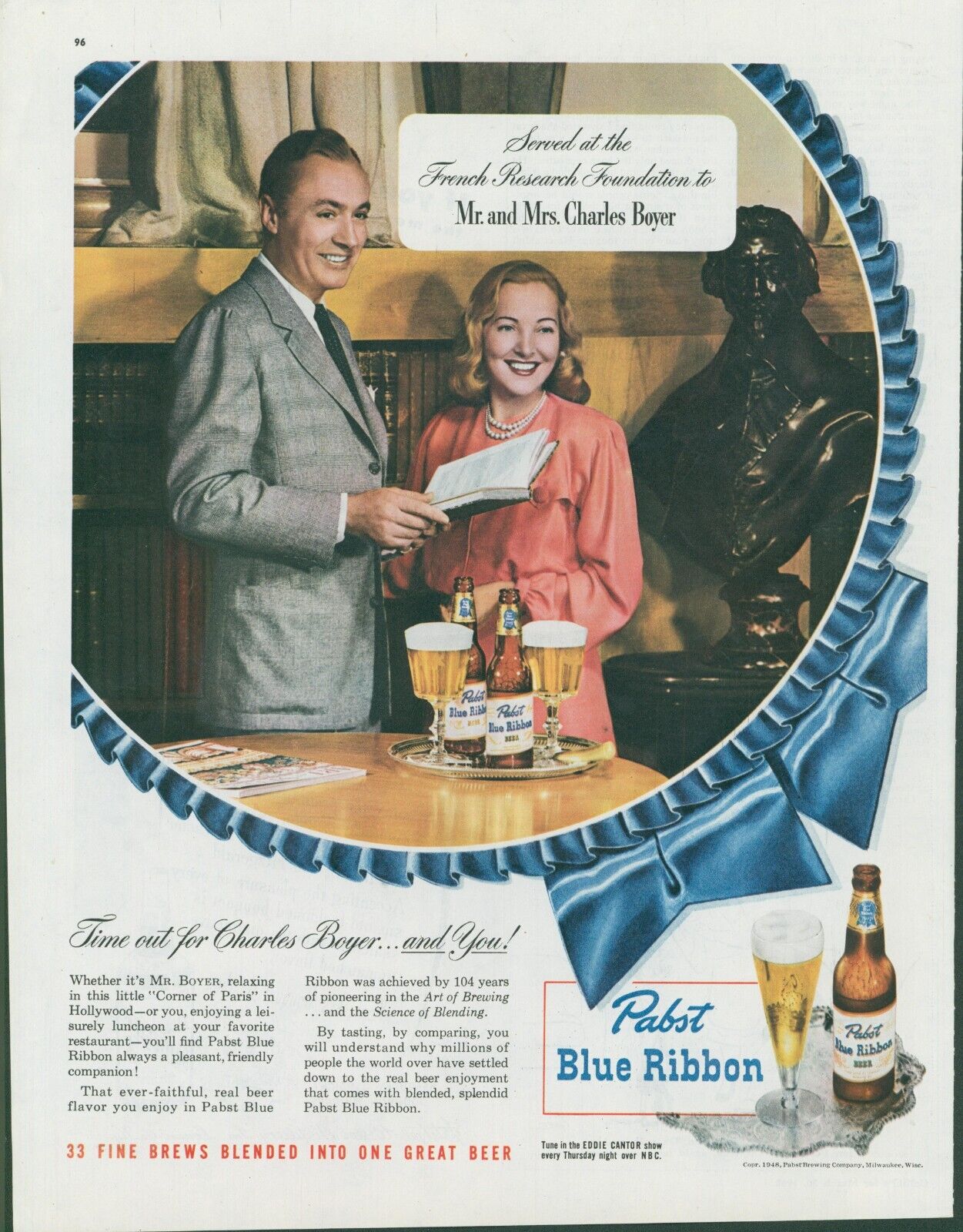 1948 Pabst Blue Ribbon Charles Boyer French Research Foundation Vtg Print Ad C17