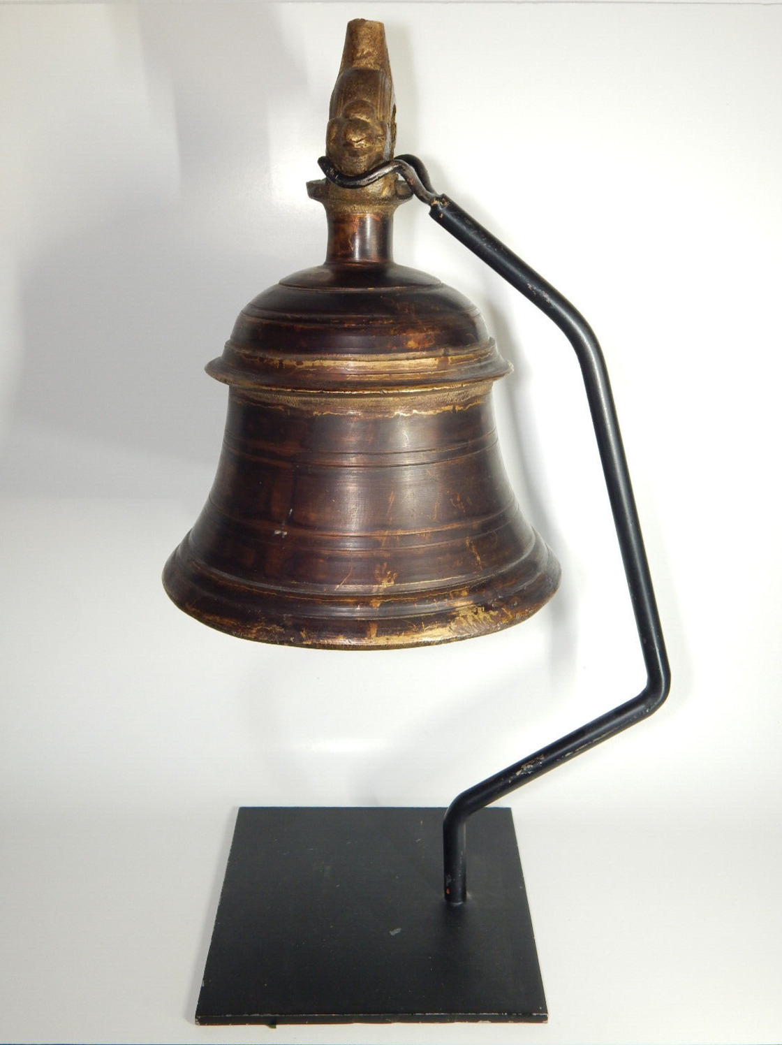 VINTAGE LARGE BRONZE TEMPLE BELL WITH CUSTOM IRON STAND FROM INDIA.