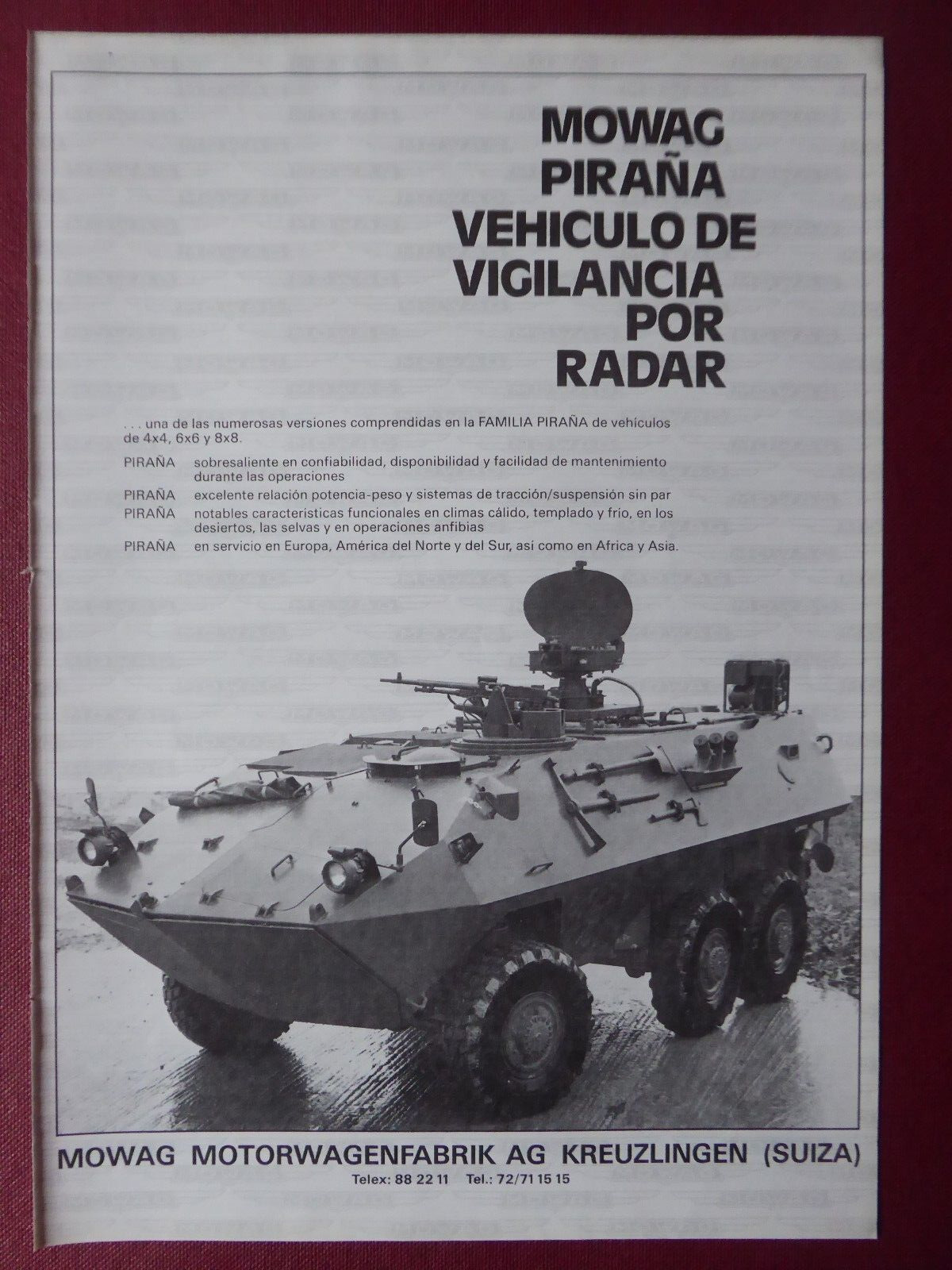 4/1985 PUB MOWAG CRUISERS SWISS BLIND PIRANHA 8X8 ORIGINAL SPANISH AD