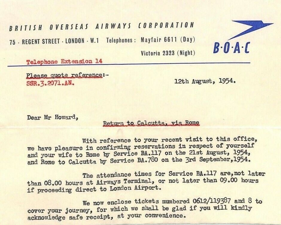GB-INDIA AVIATION 1954 Calcutta Air via Rome TICKETS Letter {samwells-covers}CE9