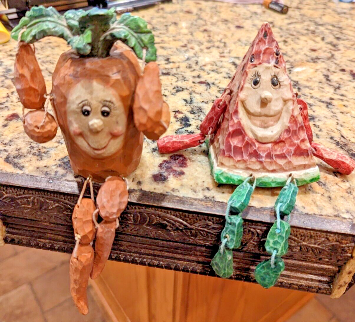 2 Vintage 1980’s Anthropomorphic Fruit Shelf Sitters Watermelon and Carrot Resin