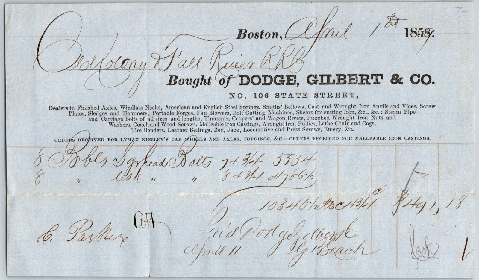 Boston Dodge, Gilbert & Co. Old Colony & Fall River RR 1859 Billhead Very Scarce
