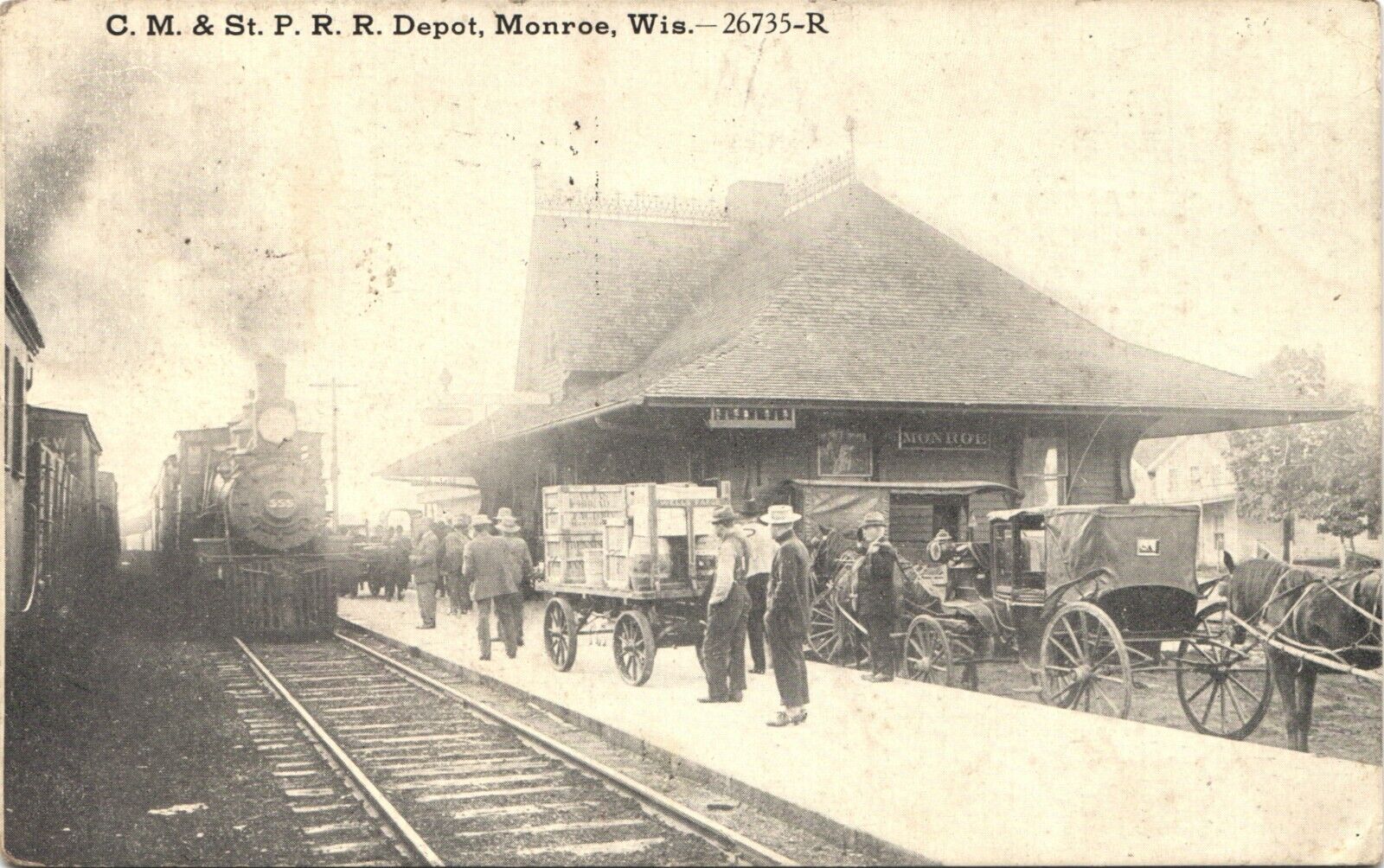 MONROE WISCONSIN TRAIN DEPOT c1910 antique postcard railroad station