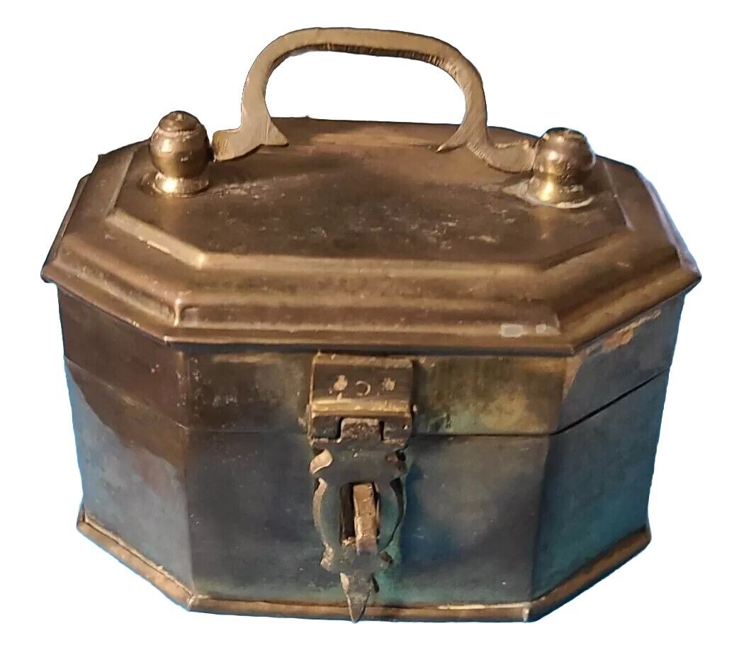 Old vintage distressed brass hinged lid octagonal trinket box with Handle 