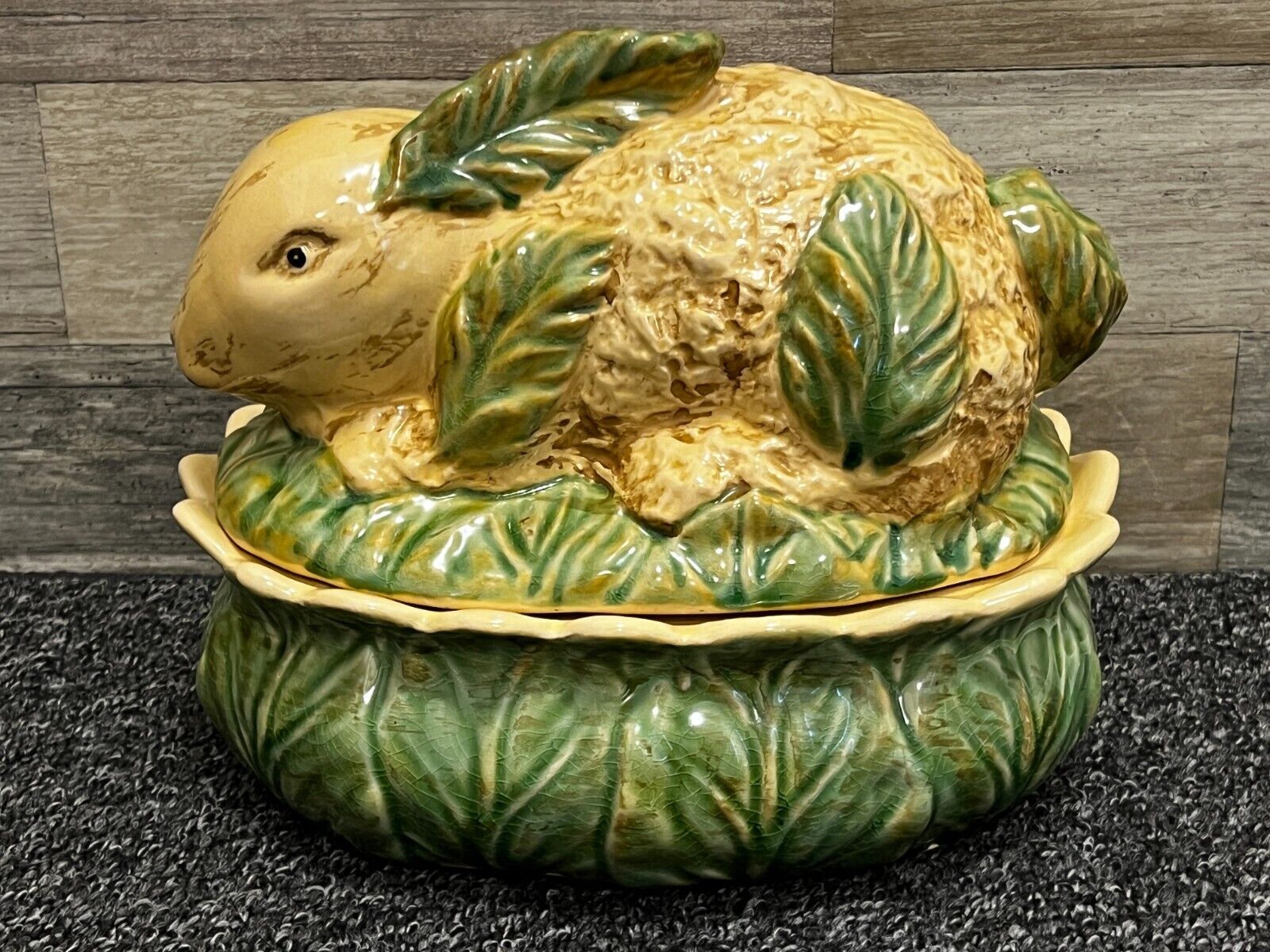 Majolica-Style Bunny Rabbit + Cabbage Leaves Ceramic Covered Dish - Vintage