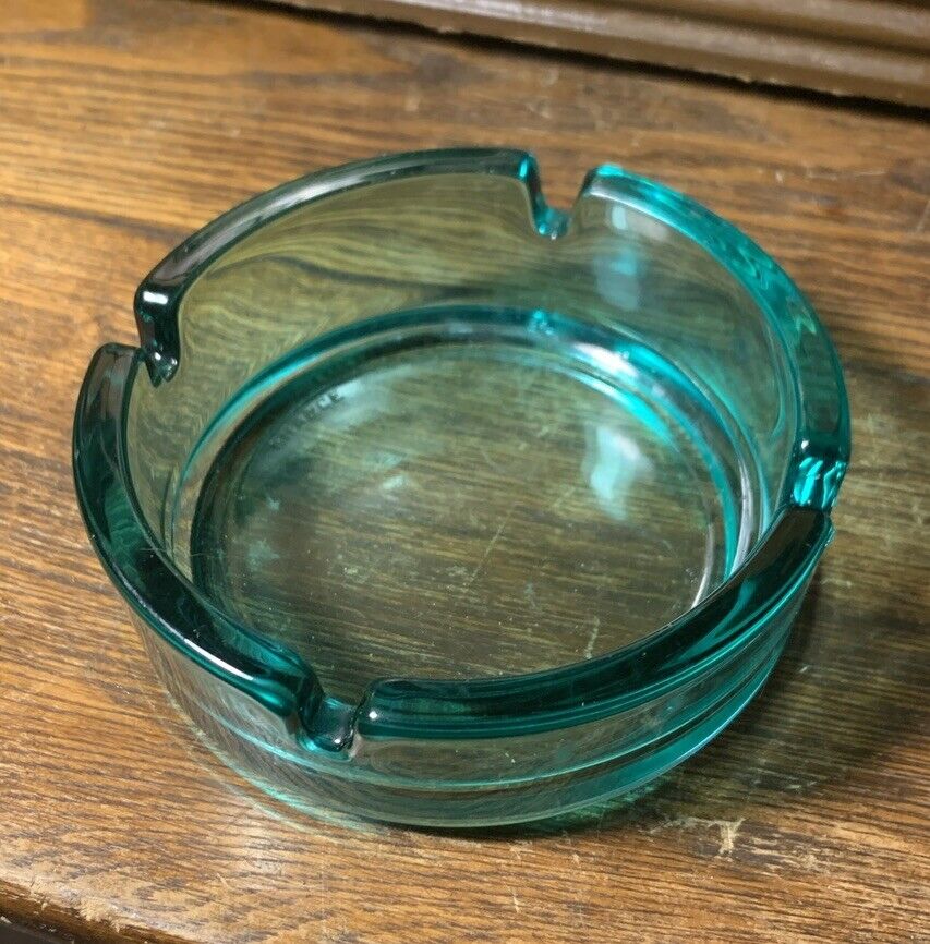 Vintage Teal MCM Glass Four Slot Ashtray Blue Green Round FRANCE Very Rare Color