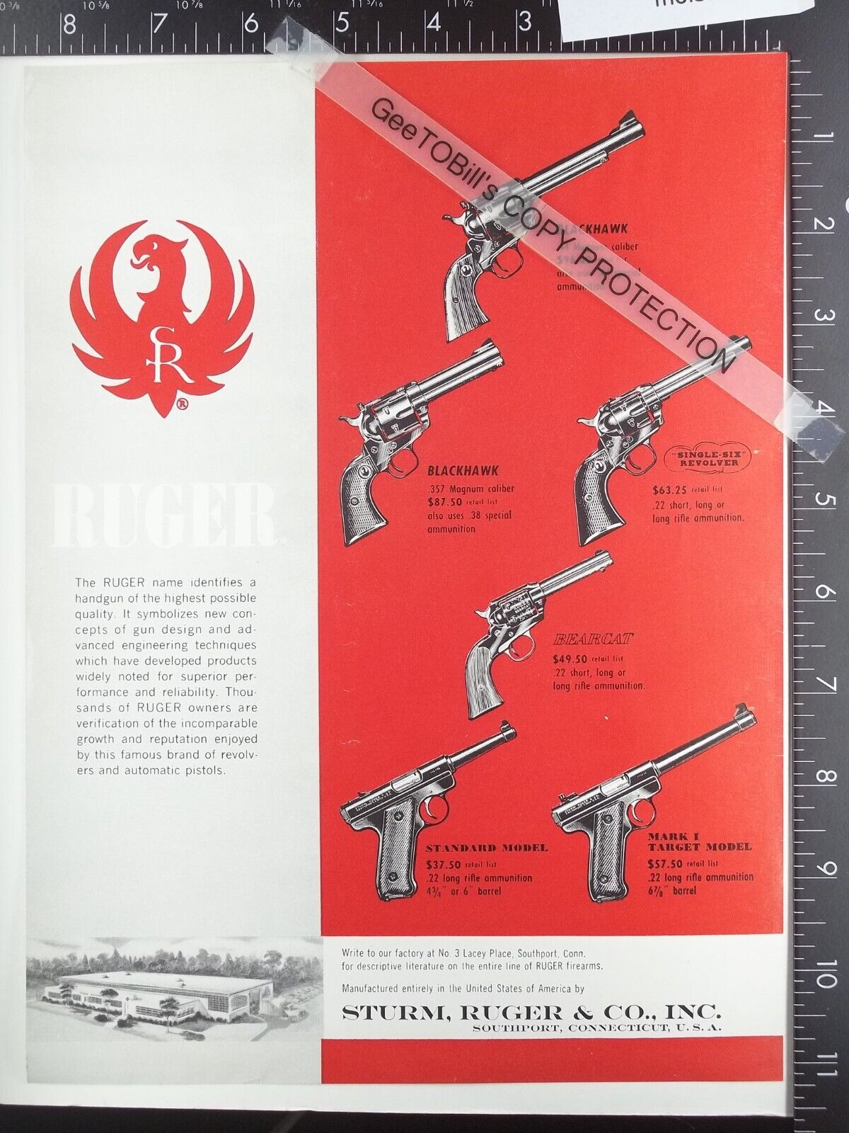 1959 ADVERTISING for Sturm Ruger & Co. new factory gun revolver pistol **DAMAGED