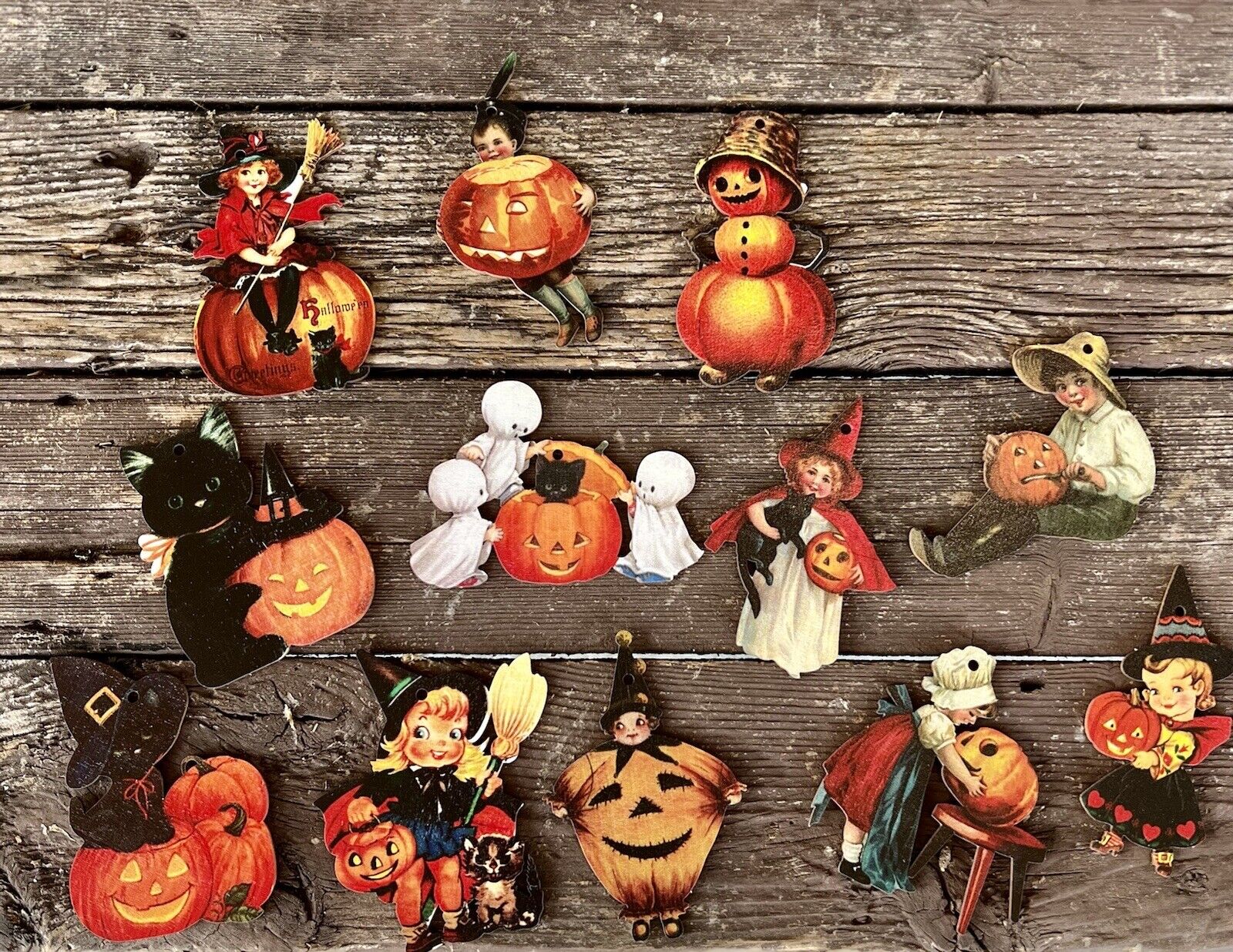 Halloween “Vintage Style” Wooden Ornaments Lot Of 12 Individual Ornaments unique