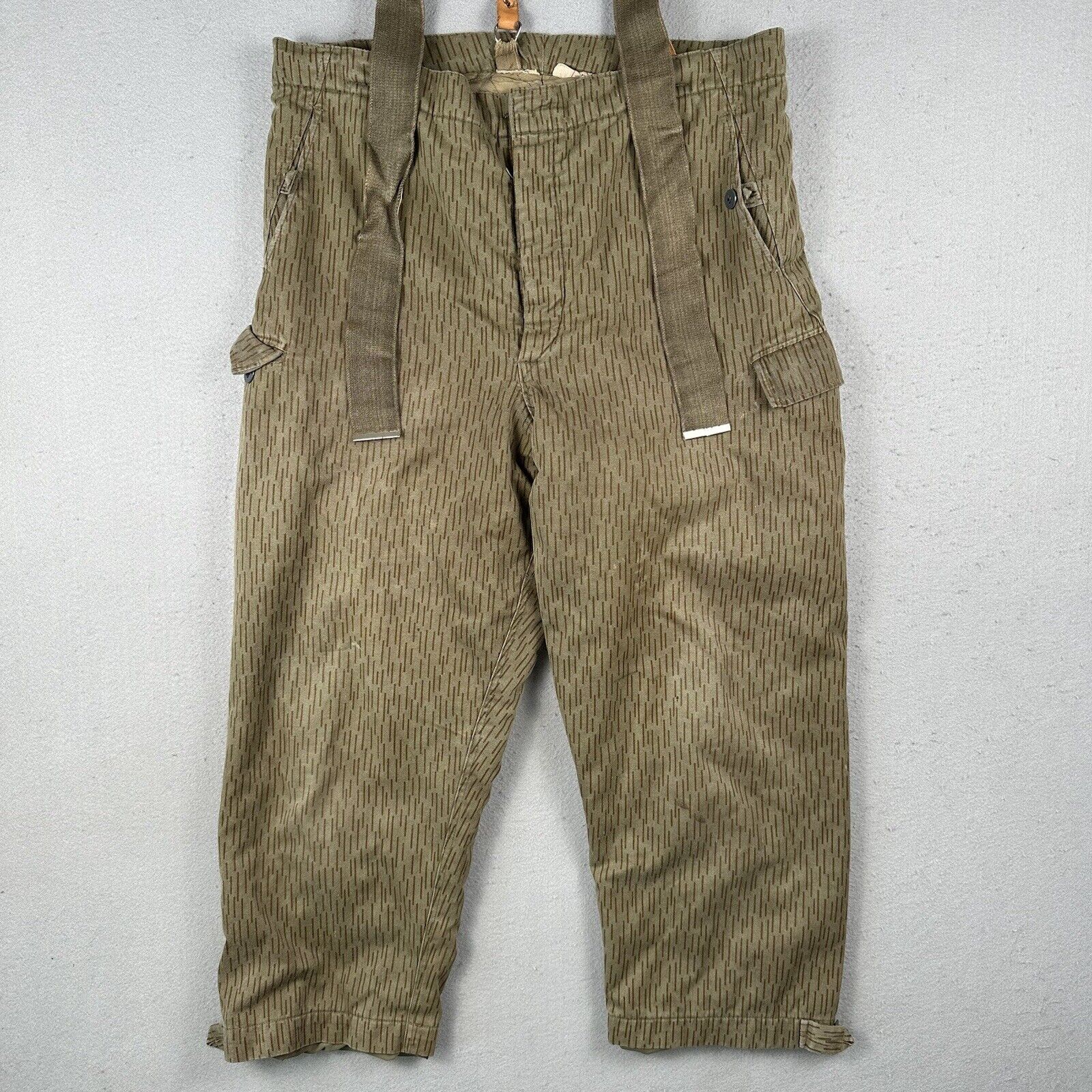 80s East Germany Rain Camo Insulated Cargo Pants M 48 Green Suspenders 36x25