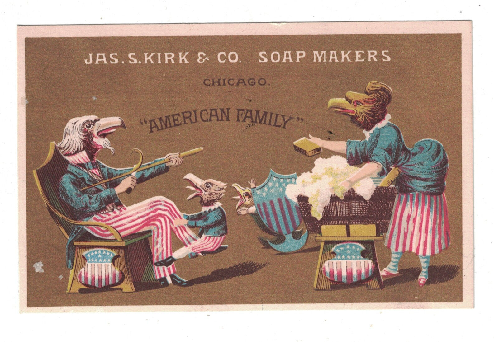 Jas S Kirk Soap Chicago trade card 1880s Mr & Mrs American Eagle Family