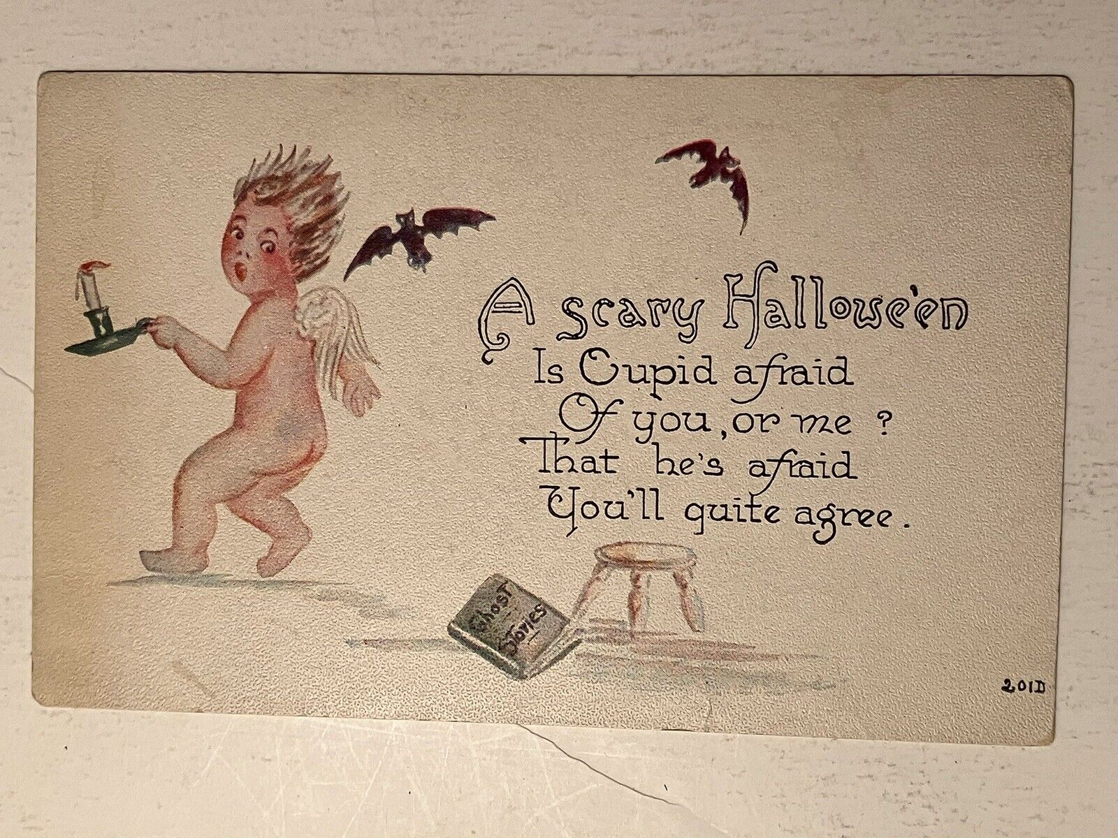 C.1910 HALLOWEEN F.A. OWEN FRIGHTENED CUPID BATS GHOST STORIES BOOK Postcard