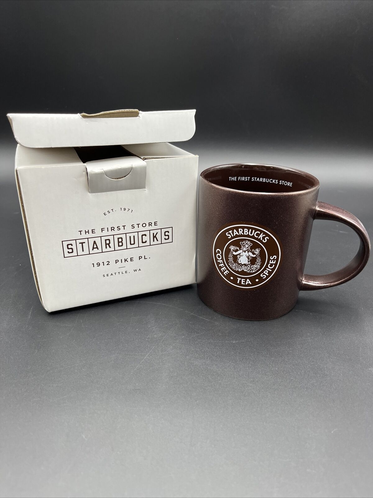 The First Starbucks Store Mug Siren Logo Brown Shimmer Coffee Tea Spices w/Box