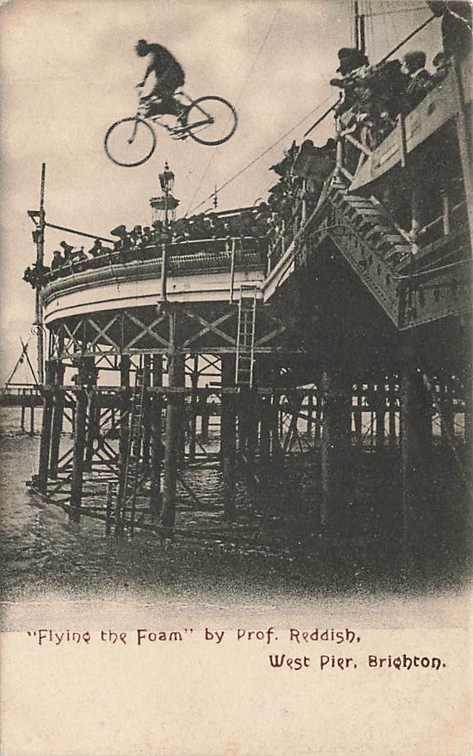 Bicycle Jump Off West Pier Brighton Prof Reddish UK c1910 Postcard