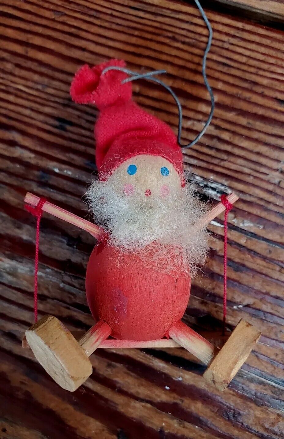 Vintage Wooden Elf on Swing Skiing Ski Lift Christmas Ornament Santa Handmade 