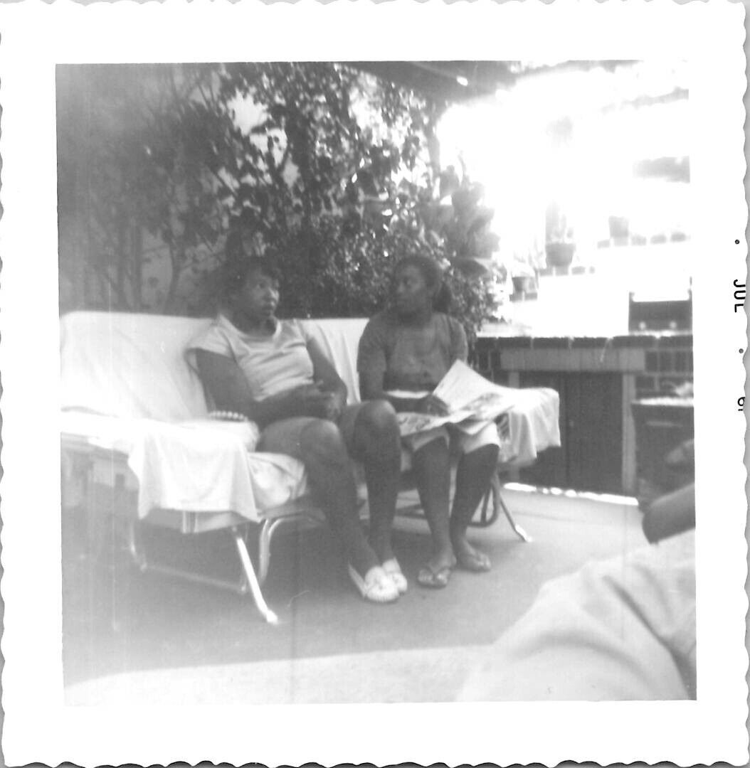 African American Black Women Gossip in Garden Leggy Legs 1960s Vintage Photo