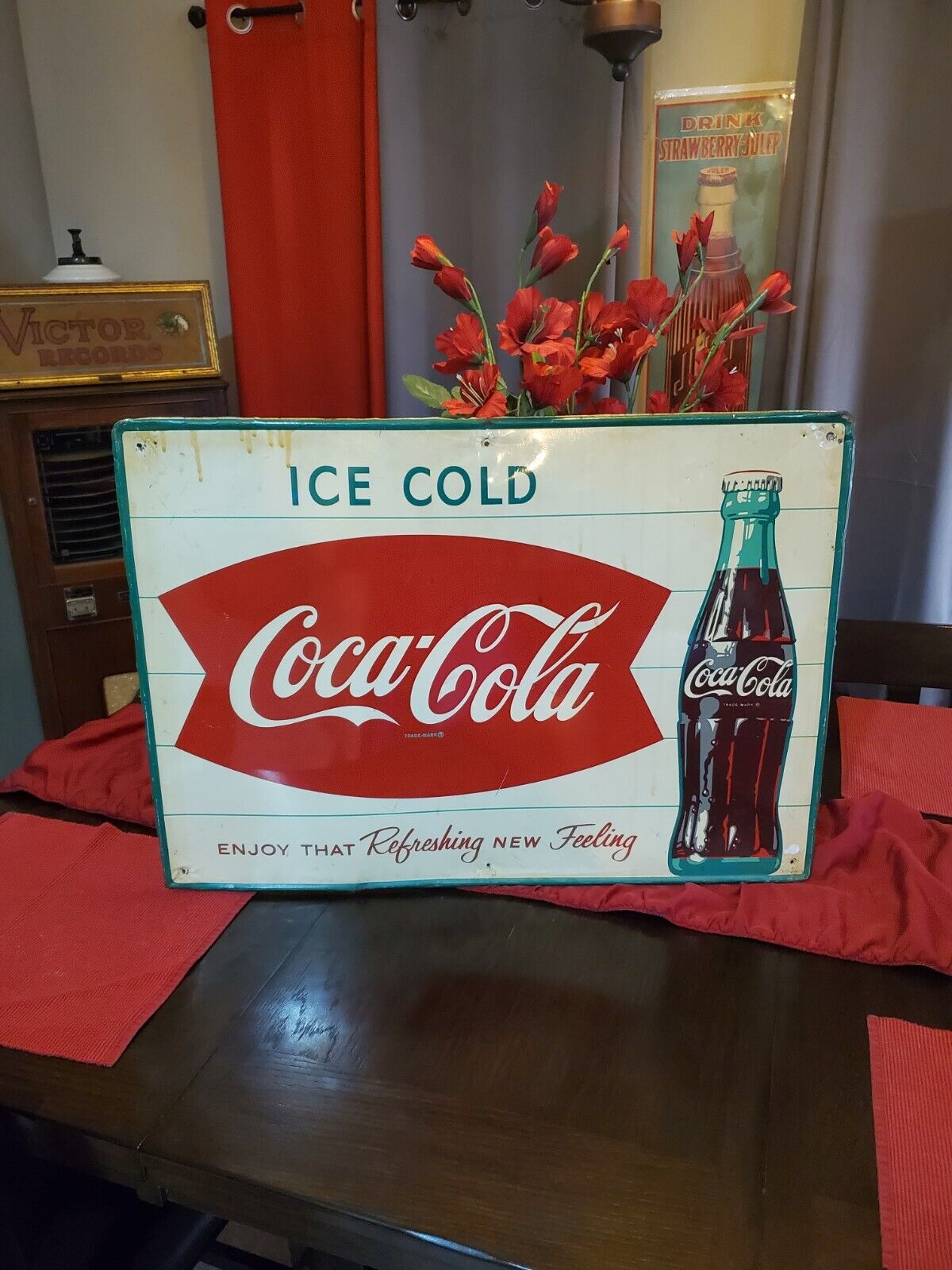 c.1950s Original Vintage Coca Cola Sign Metal Fishtail Soda Gas Oil AUTHENTIC
