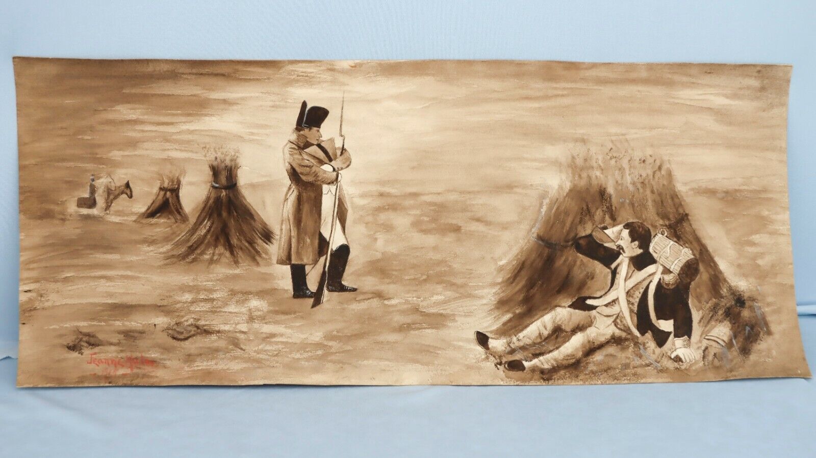 Circa 1915 Watercolor Painting France Emperor Napoleon Waterloo Battle War 