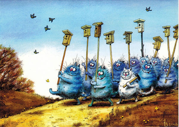 R.Zenyuk SPRING BLUE CATS MARCH WITH BIRD HOUSES Russian postcard