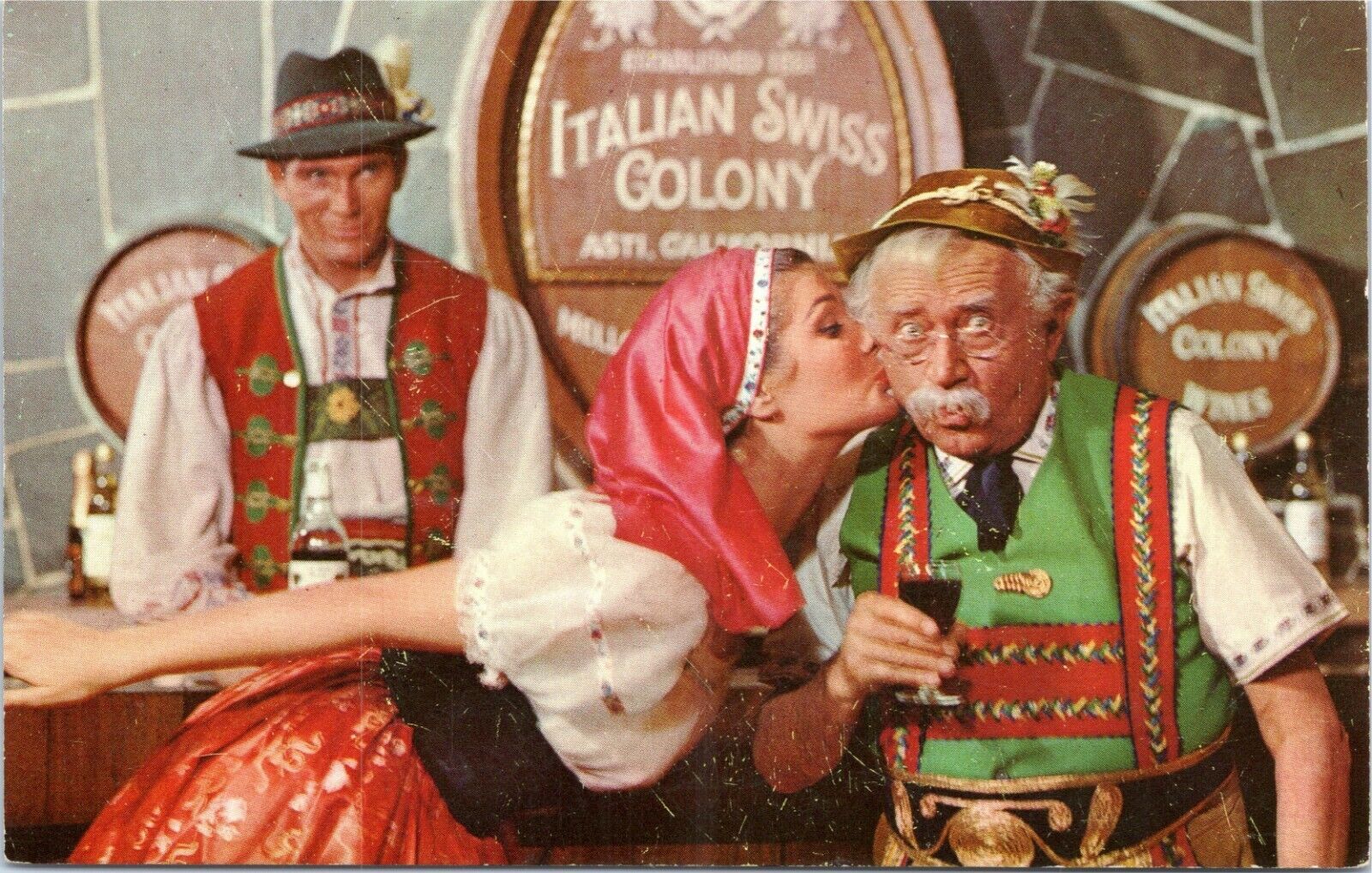 postcard Asti California - woman kissing old man Italian Swiss Colony winemaker