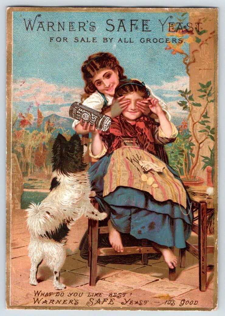 1884 WARNER\'S SAFE YEAST CURE QUACK MEDICINE DOG GIRLS PEEK-A-BOO TRADE CARD