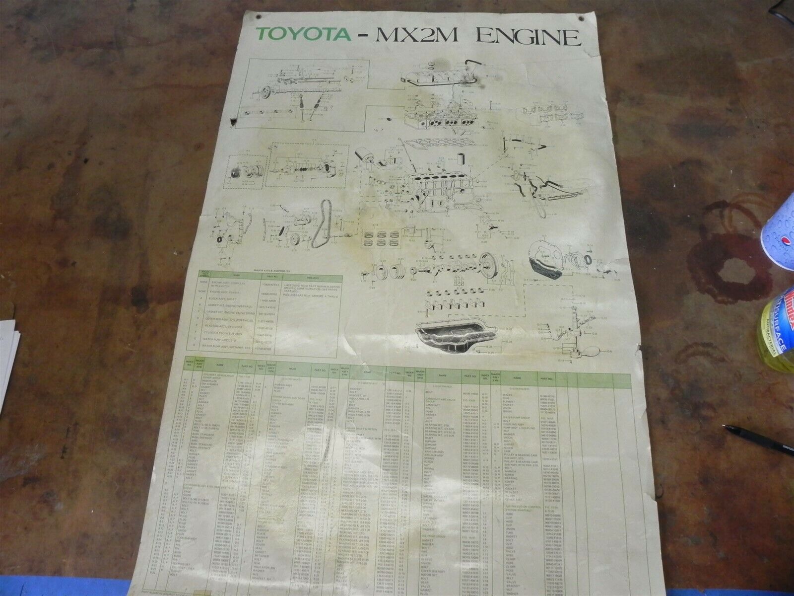 VINTAGE 1970S TOYOTA MX2M ENGINE POSTER W/PART NUMBERS 35 x 23 INCHES RARE