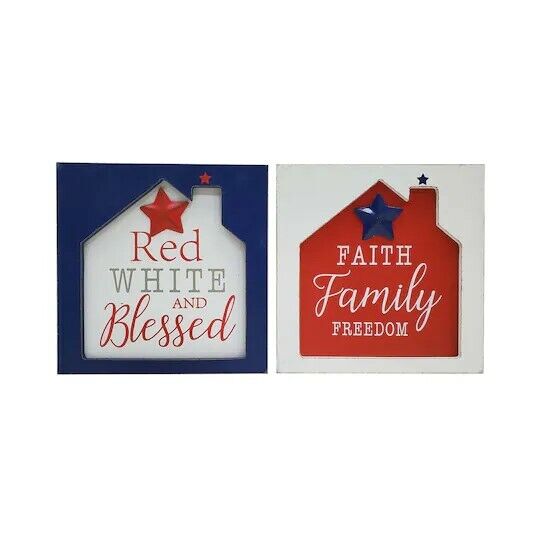 Ashland Brand Patriotic 4th of July Blessed Family Tabletop Box Sign Duo 