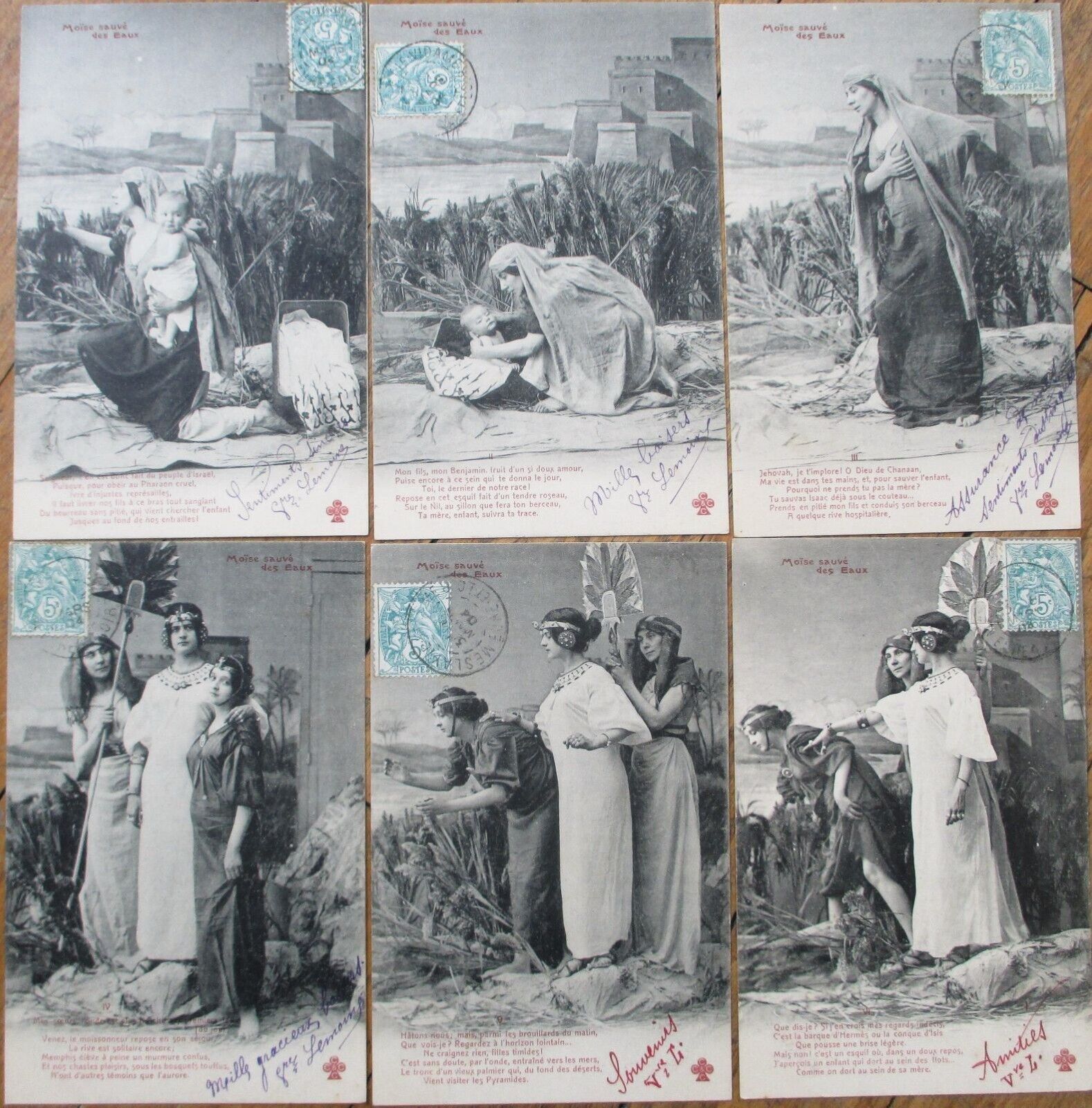 Moses, Egypt 1904 French Fantasy, Set of Ten Postcards, Moise Sauve des Eaux
