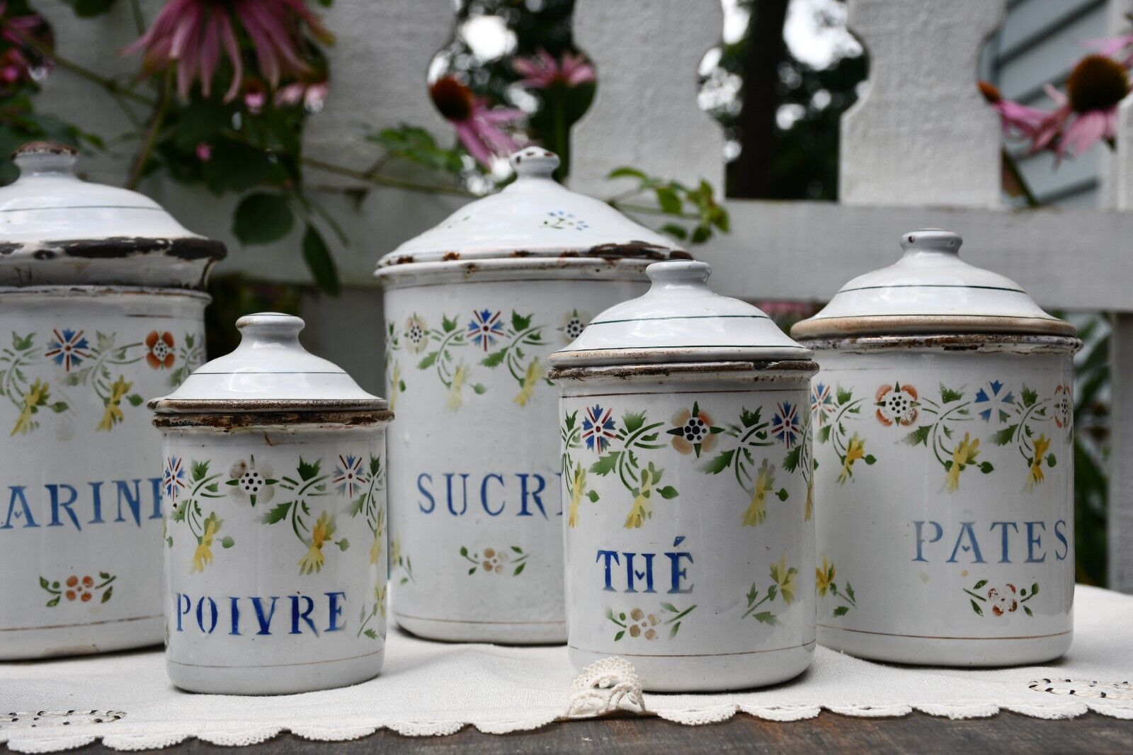 Full set (6) French Antique Flower Enamel BB Freres Kitchen Canisters Containers