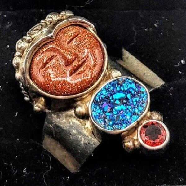 Sajen Sterling Silver Goddess Carved Druzy & Druzy crystals Garnet Ring