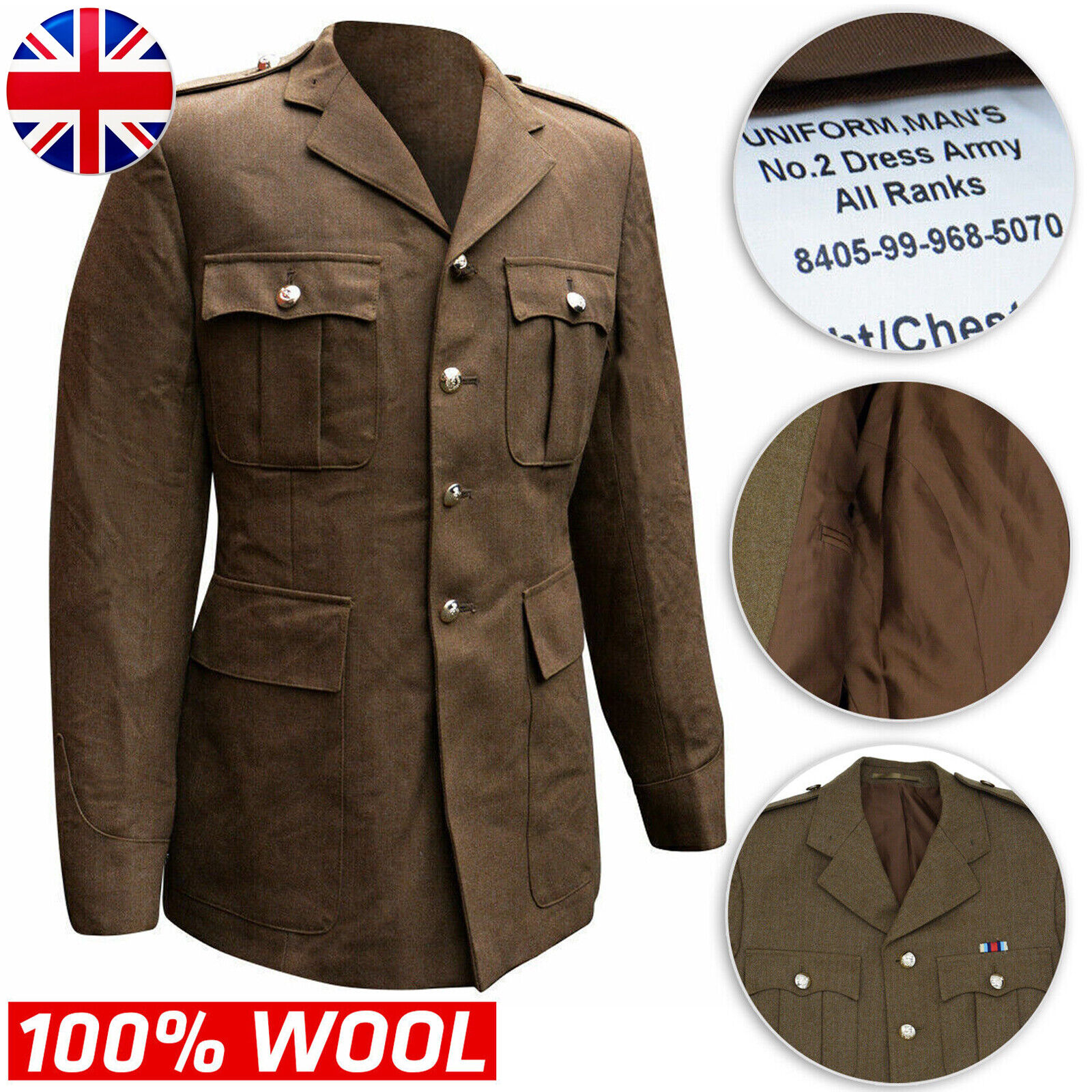 Genuine British Army No 2 Dress Uniform Jacket Tunic All Ranks Khaki Brown Wool