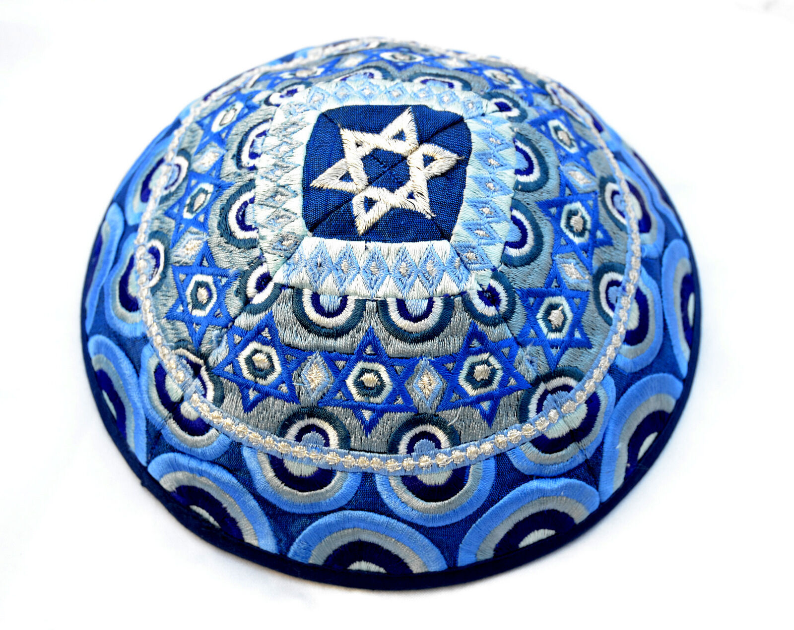 Jewish Kippah Yarmulke-Embroidered Kippas Emanuel.Magen David Rainbow Blue 21cm