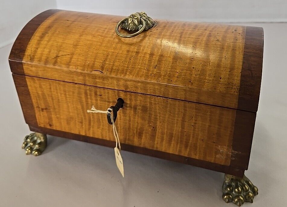 Rare 19th Century Burl Oak Wood Jewelry Box w Domed Lid Lion Head Pull Feet Key