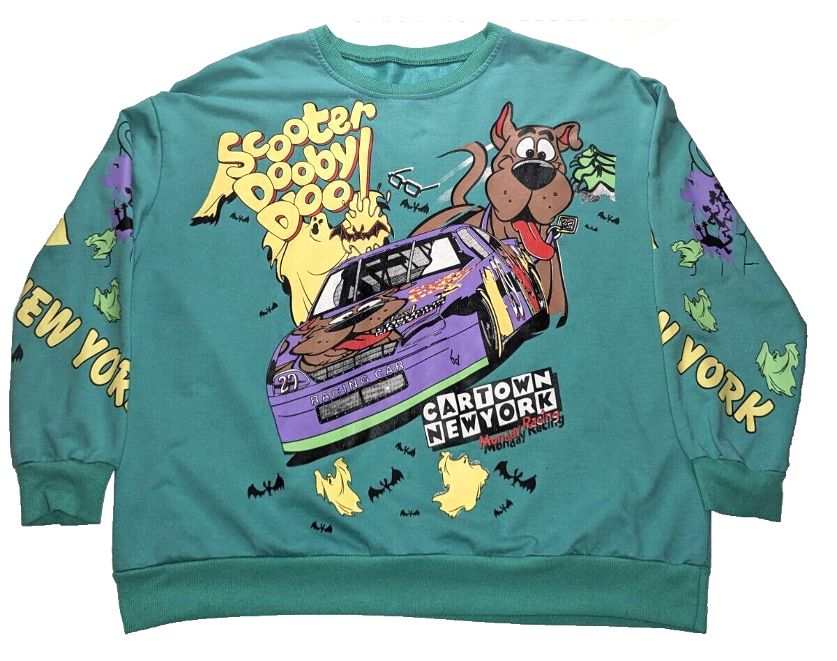 Vintage Scooby Doo Cartoon Network New York Racing Sweatshirt Logo All Over Med.