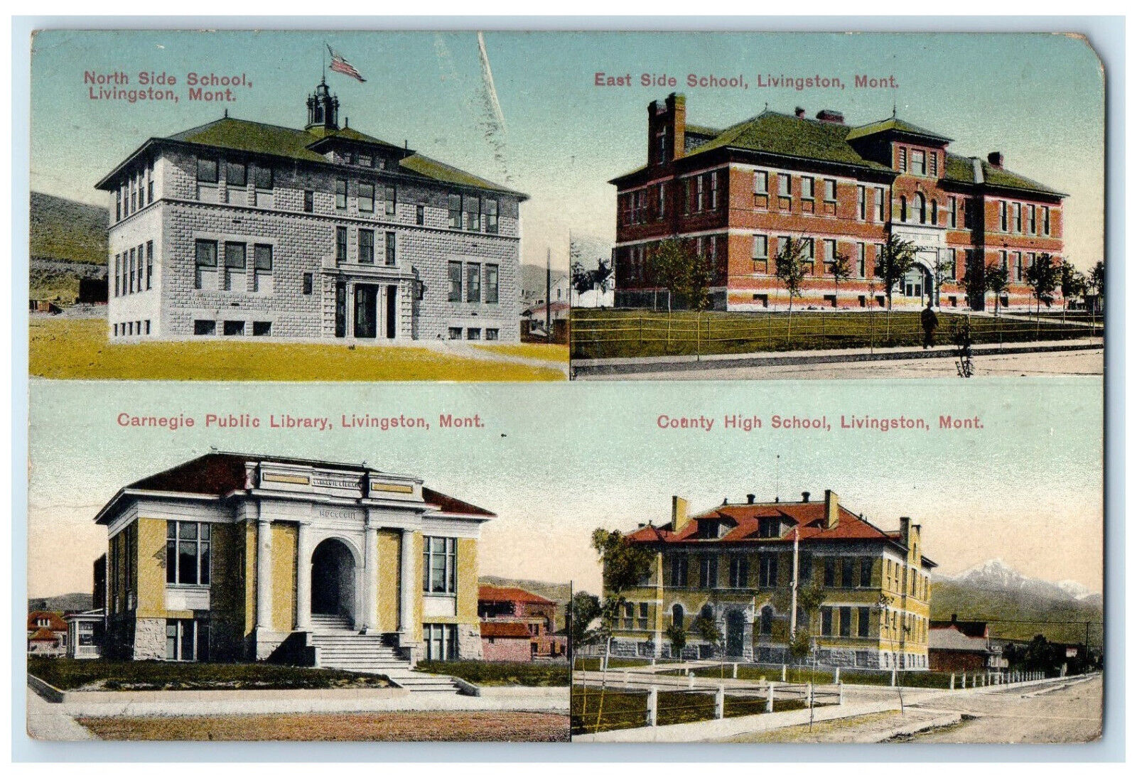1912 Multiview Entrances of Schools in Livingston Montana MT Postcard