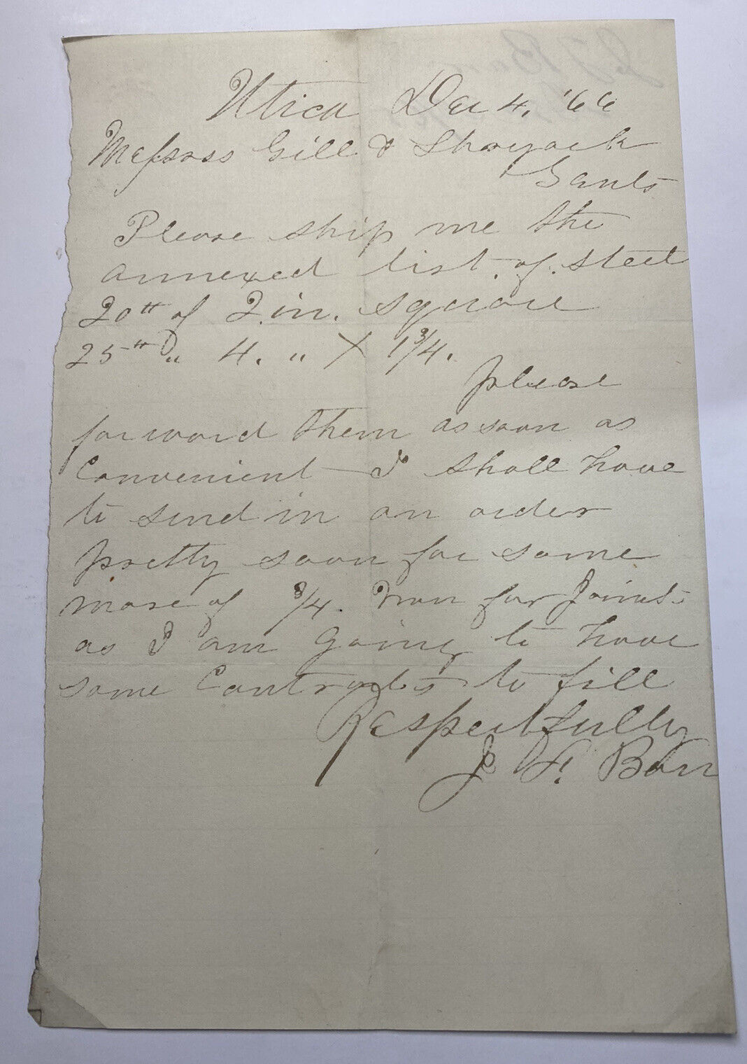 Two 19th Century Letters (1865-66) from Utica New York regarding Steel Purchases