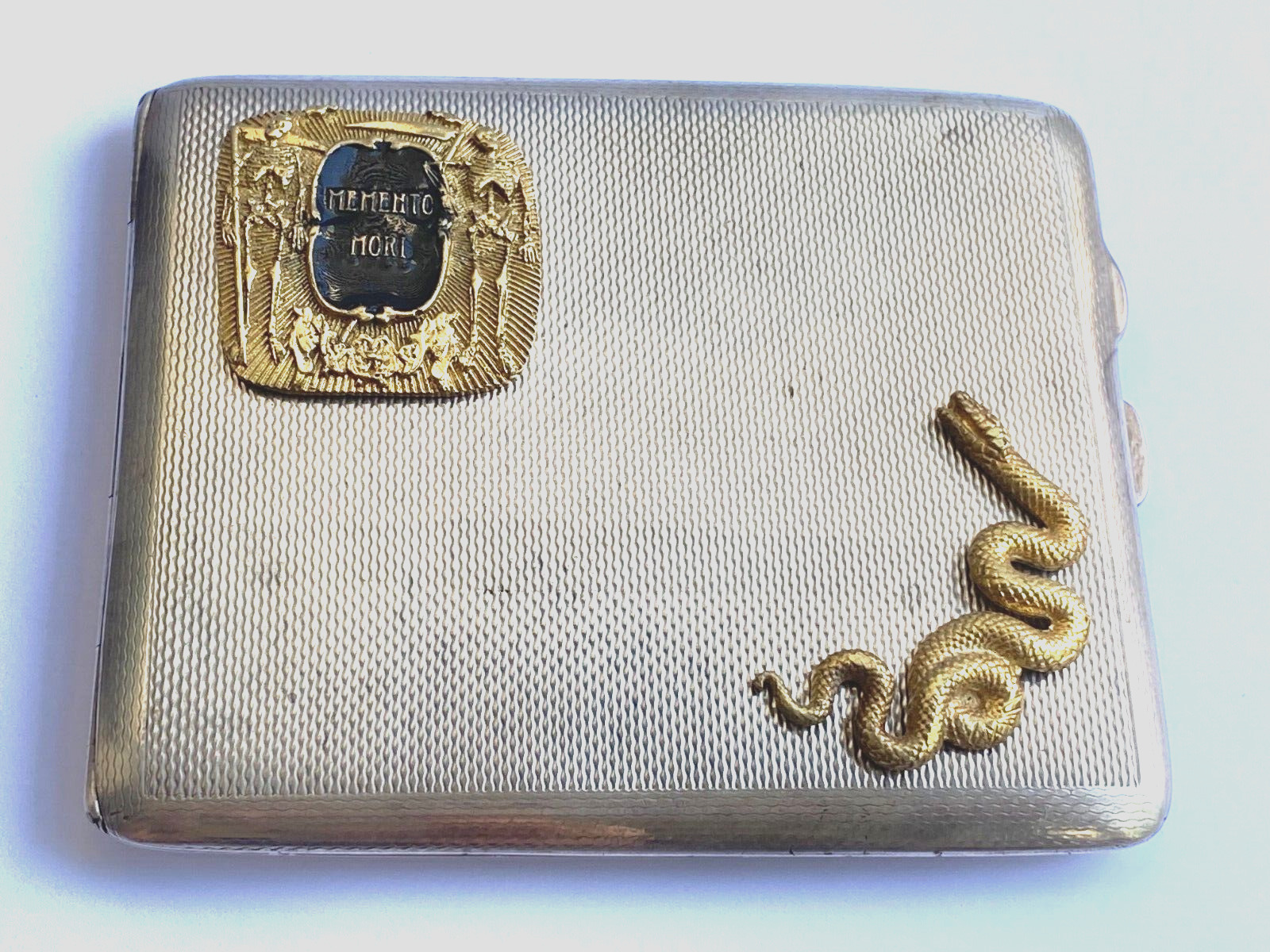 Antique Victorian Silver Gilded Enamel Memento Mori Skulls Snake Cigarette Box