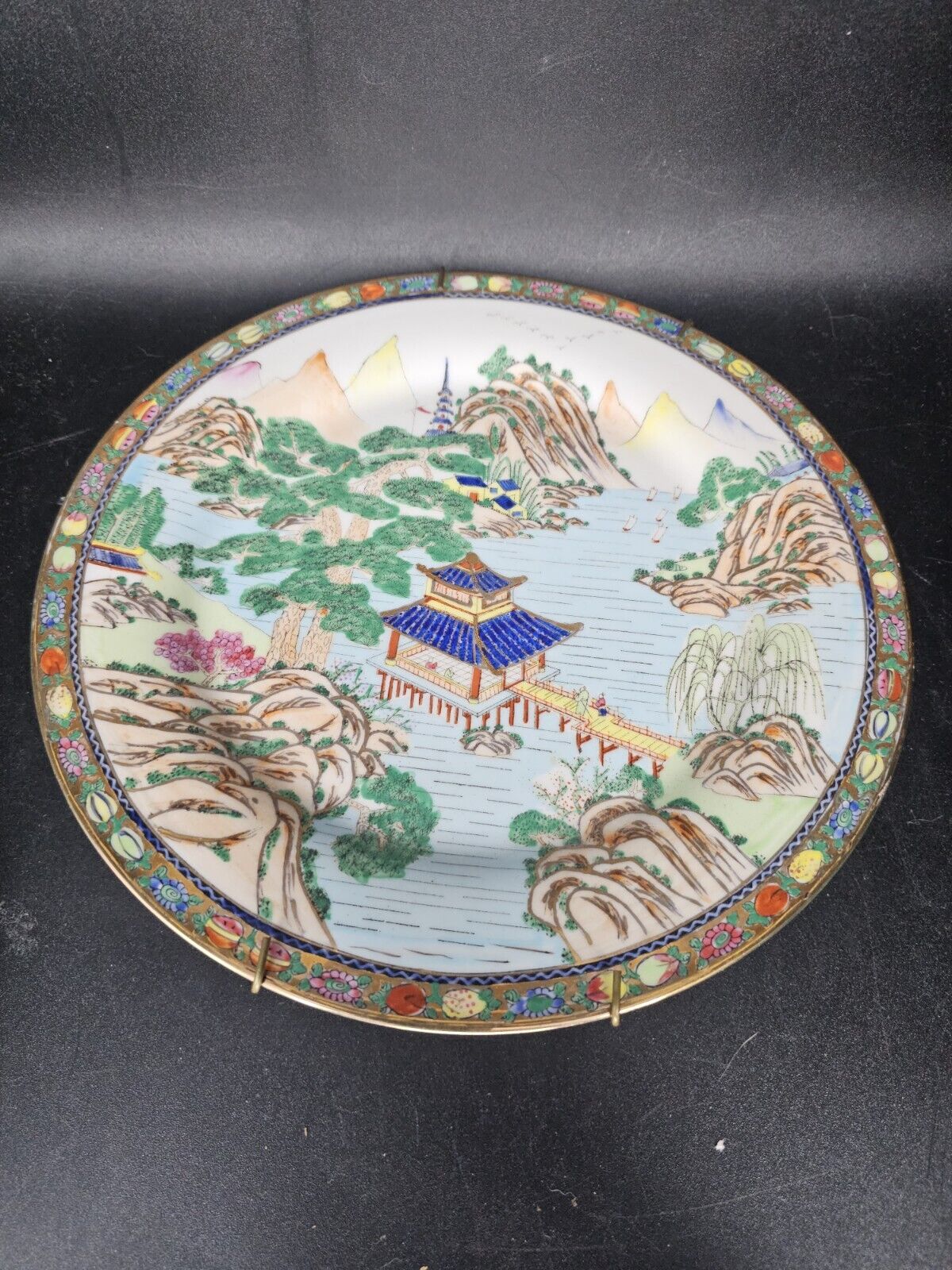 Vintage Handpainted Chinese Pagoda Scene With Mountains