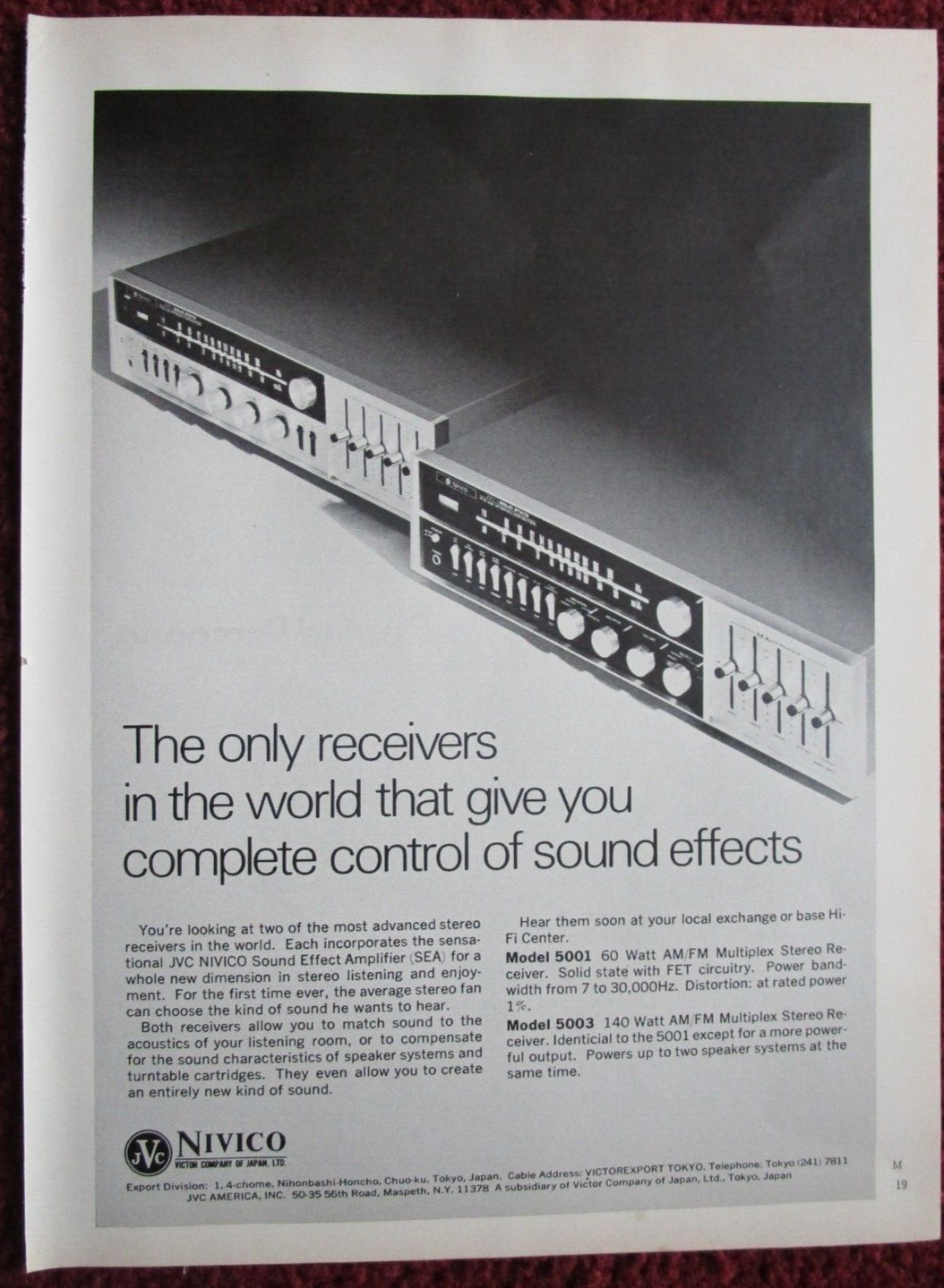 1969 JVC NIVICO 5001 / 5003 Stereo Receiver Print Ad ~ Control Sound Effects