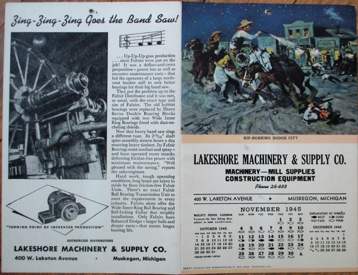 Cowboy/Western 1945 Advertising Calendar: Rip-Roaring Dodge City - Muskegon, MI
