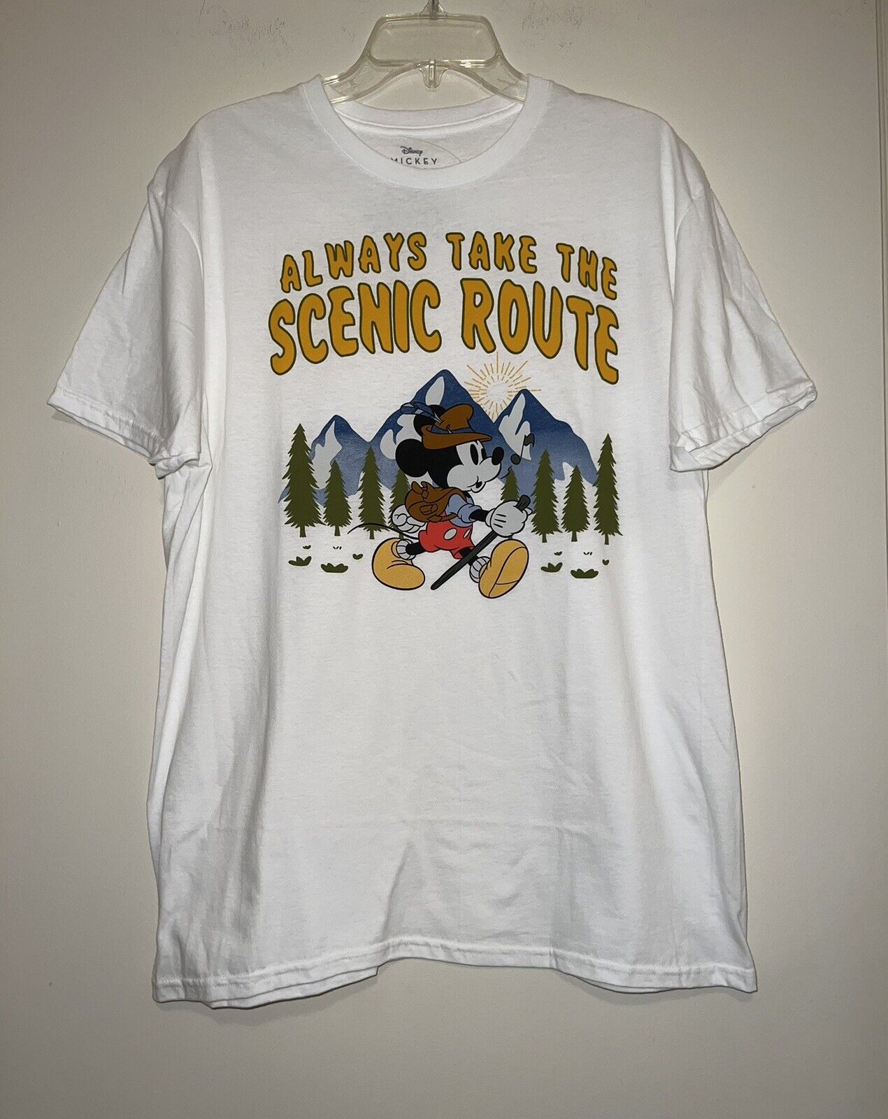 NWOT Disney Mickey Mouse Always Take The Scenic Route Hiking Men’s Size L Shirt