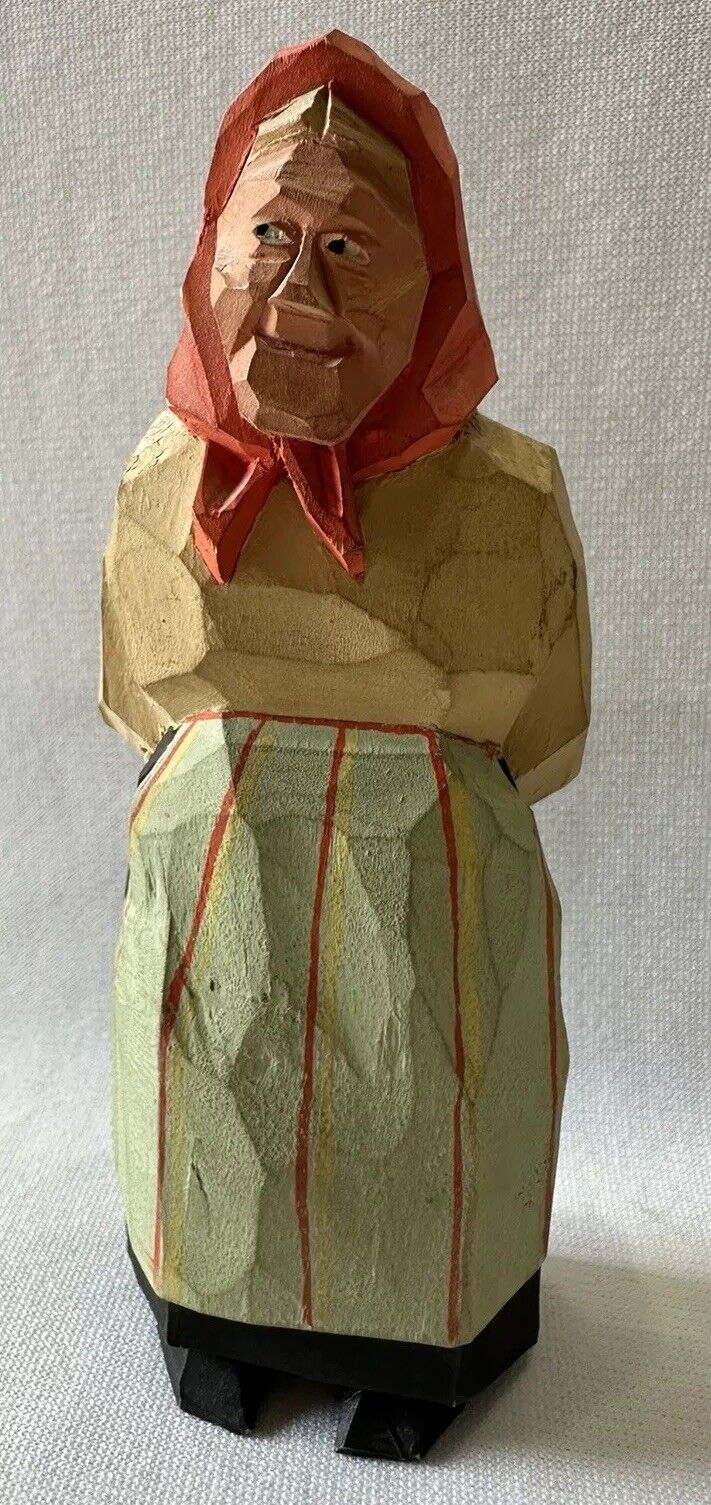 1947 Wood Carving Signed Trygg Or Gunnarsson Sweden Woman with Apron And Basket