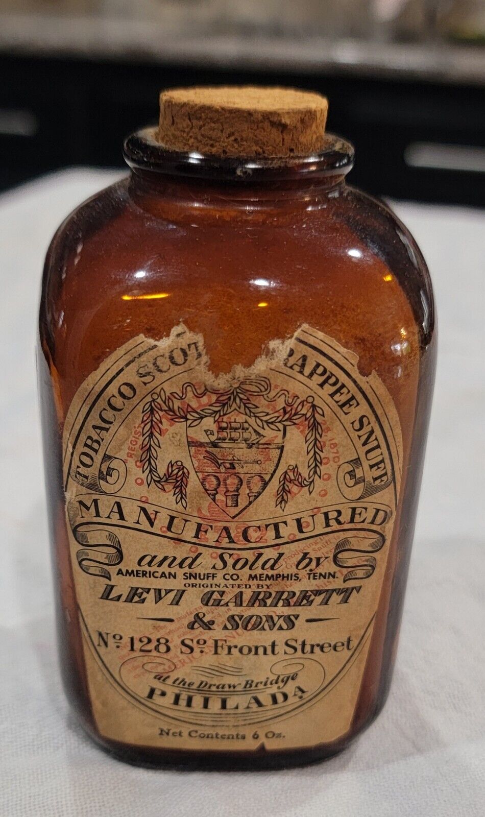 Antique Brown Glass Tobacco Scotch & Rapee Snuff Bottle W/paper Label & Cork