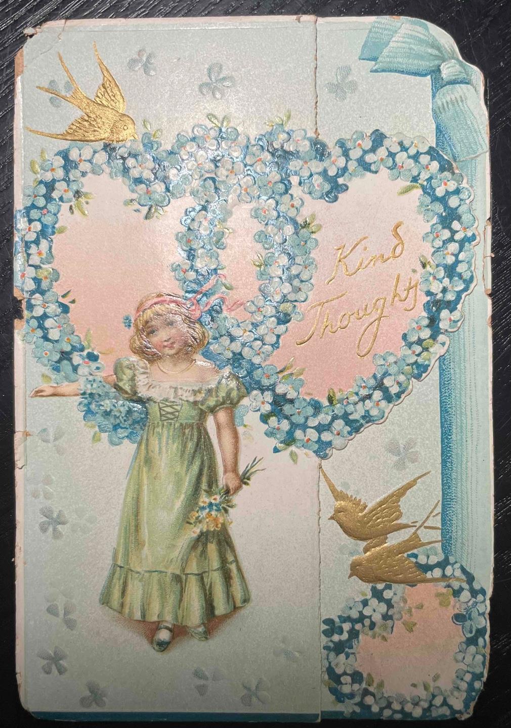 1890-1910s TUCKS VALENTINE VICTORIAN DIE CUT EMBOSSED ANTIQUE CARD KIND THOUGHTS