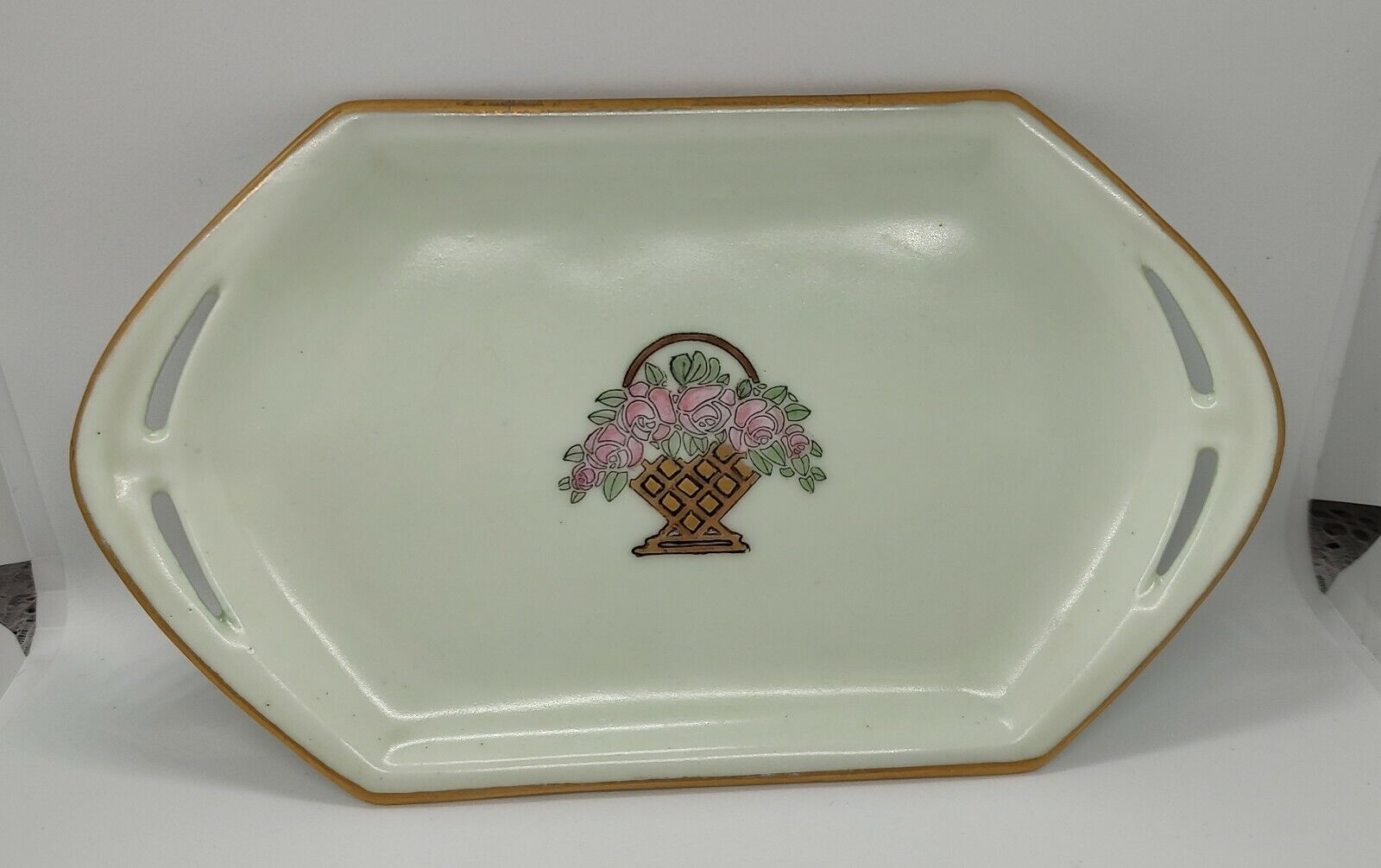 Antique Green MZ Austria China Trinket Dish Jewelry Tray Pink Flowers Basket 
