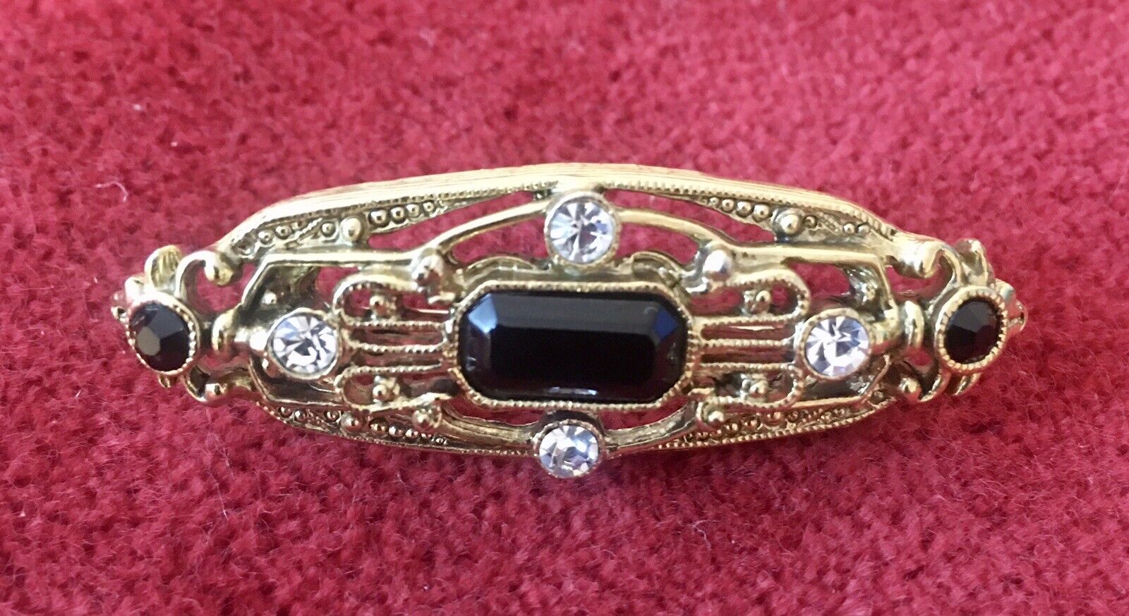 1928 Gold Tone Black Rhinestones Brooch Pin 1-3/4\