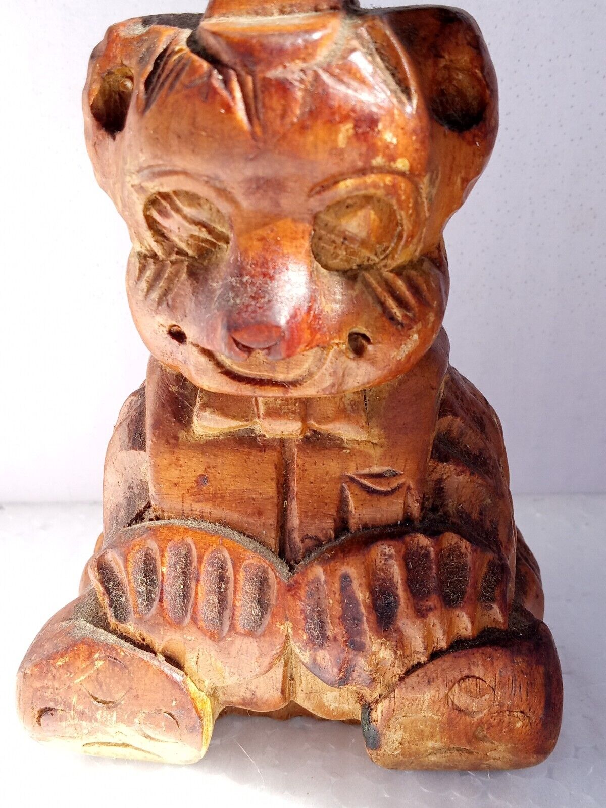 Vintage Hand Carved Wood Bear Figure With Hat, Sitting, 4.1/2\
