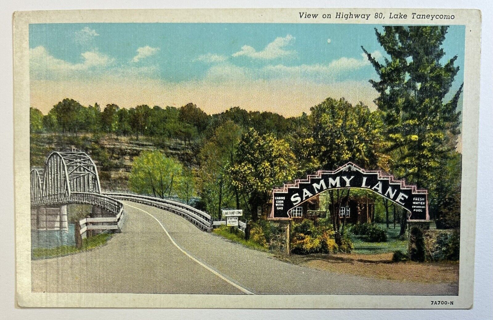 View on Highway 80 Lake Taneycomo, Missouri Linen Postcard, Sammy Lane