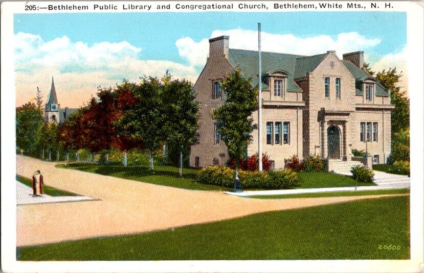 Postcard Bethlehem Public Library & Congregational Church NH New Hampshire  E-87