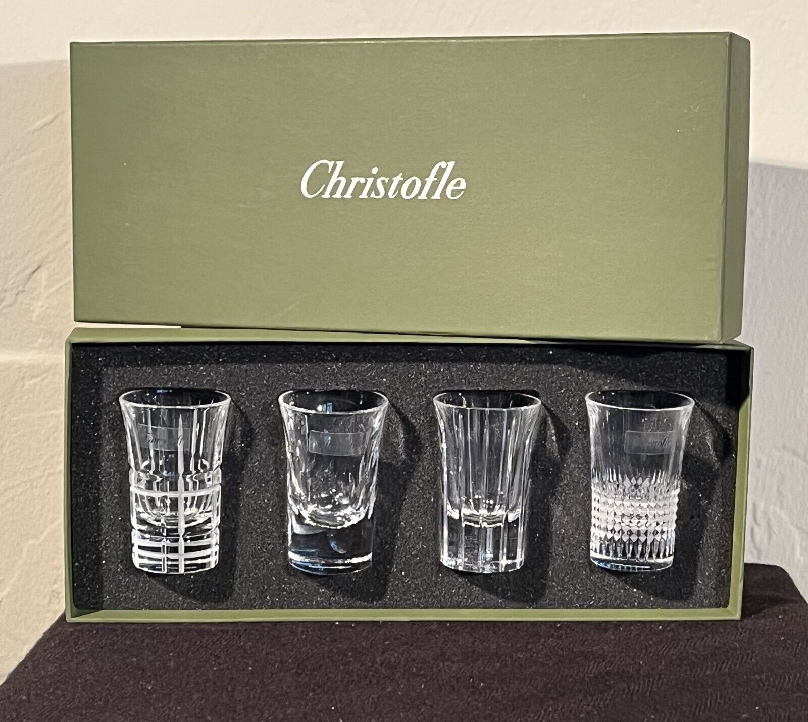 Christofle set of four Vodka shot glasses new.